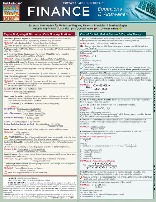 Finance Equations & Answers: Laminated Reference Guide - Ingram