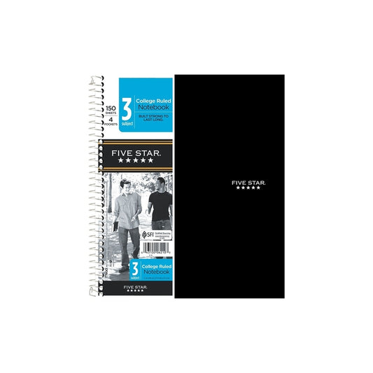 Five Star 3-Subject Wirebound Notebook, 8-1/2 X 11, College Ruled, 150 Sheets, Black (72069) - Ingram